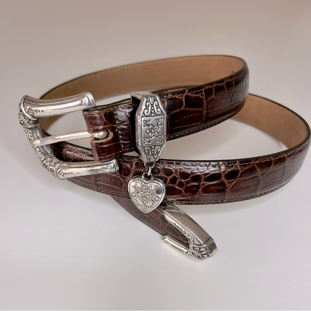 Brighton Leather Belt Croc Embossed Silver Buckle Heart Charm Brown Women’s L